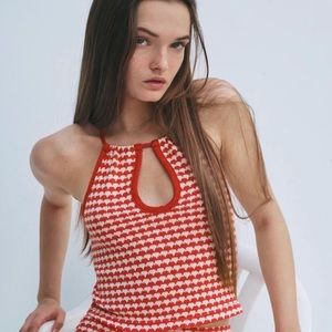 NWT Zara Knit Keyhole Checkered Halter Crop | size S | red and white